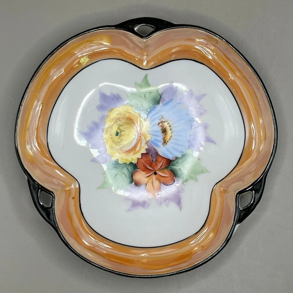 Noritake Porcelain Hand Painted Floral Lusterware Trefoil‎ Candy Dish Bowl Vtg